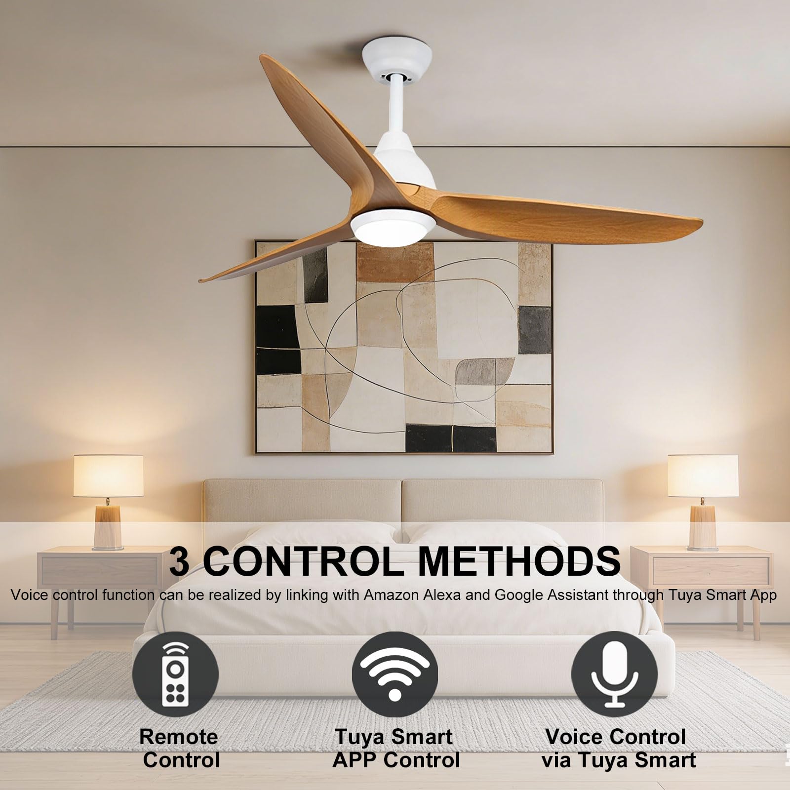 Ventilador de Techo Inteligente con luz, Control Remoto/aplicación/Voz, 6 velocidades, silencioso, luz LED Regulable, 3 aspas de ABS, diseño Moderno para Dormitorio, Comedor y Sala