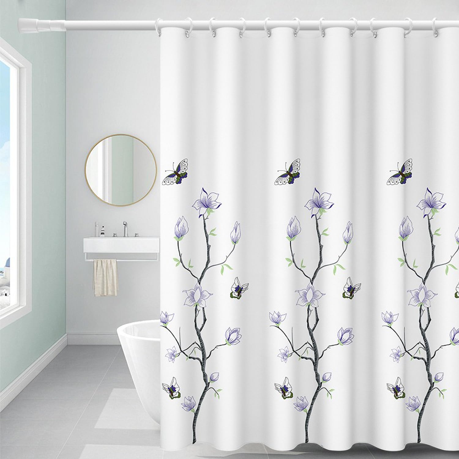 FSZhenZuan Shower Curtain 200x200cm Drop Water Repellent Shower Curtain with Hooks Washable Polyester Fabric Flowers Butterfly Decorative Bathroom Curtains, Weighted Hem — image 1