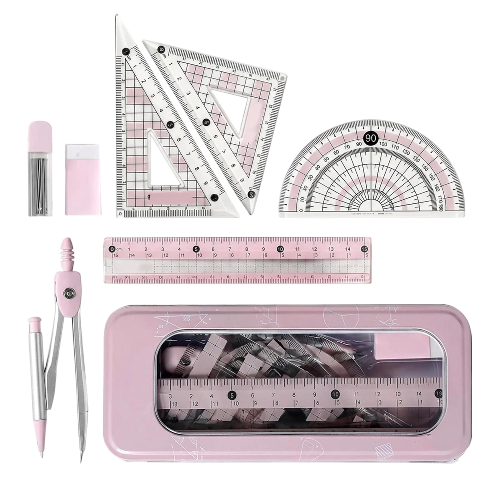 Protractor and Compass Set, Mathematical Set with 8 Pieces