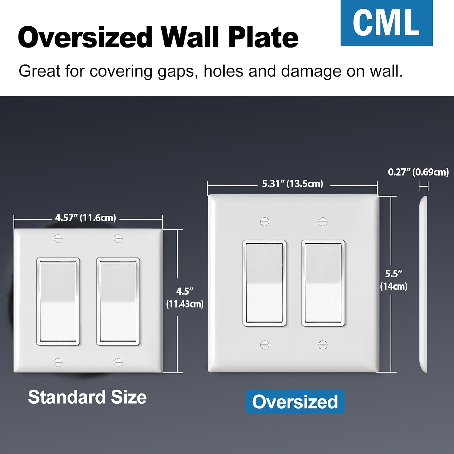 CML Oversized 2-Gang Wall Plate, 4 Pack Double Outlet Cover, Jumbo Electrical Receptacle and Switch Covers, Over-Size 5.31” x 5.5”, Impact Resistant, White, ETL Listed