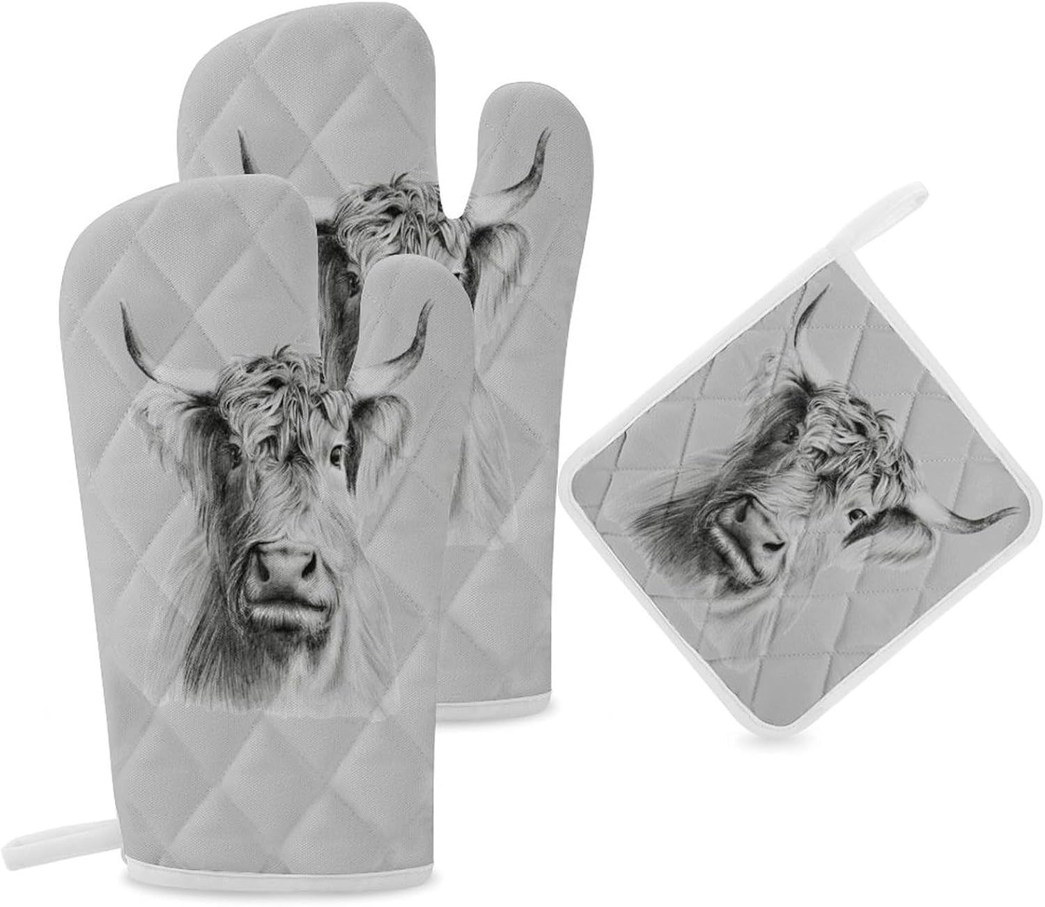 Funny Highland Cow Print Oven Mitts and Pot Holders 3 Piece Sets Heat Resistant Gloves Hot Pads Potholders for Kitchen Baking Cooking