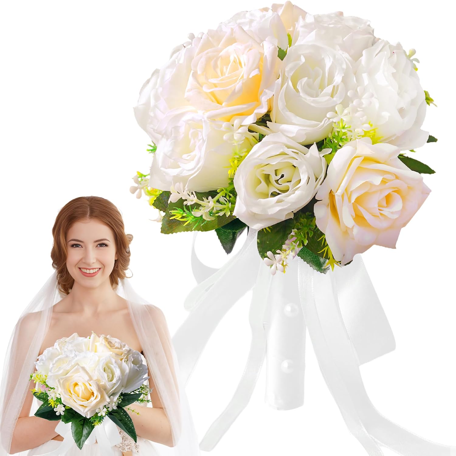 Wedding Bouquets for Bride & Bridesmaid - Realistic Silk Flowers Artificial Roses, 8 Inch Bridesmaid Bouquet for Ceremony, Church, Anniversary, and Home Decoration (White & Blue)