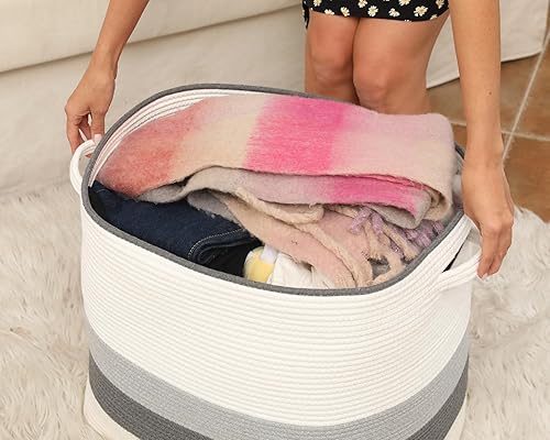 Miniatura 5 de Cesta de almacenamiento rectangular extragrande de 22 x 14 x 18 pulgadas con tapa, cesta de almacenamiento grande de cuerda de algodón, cesta de