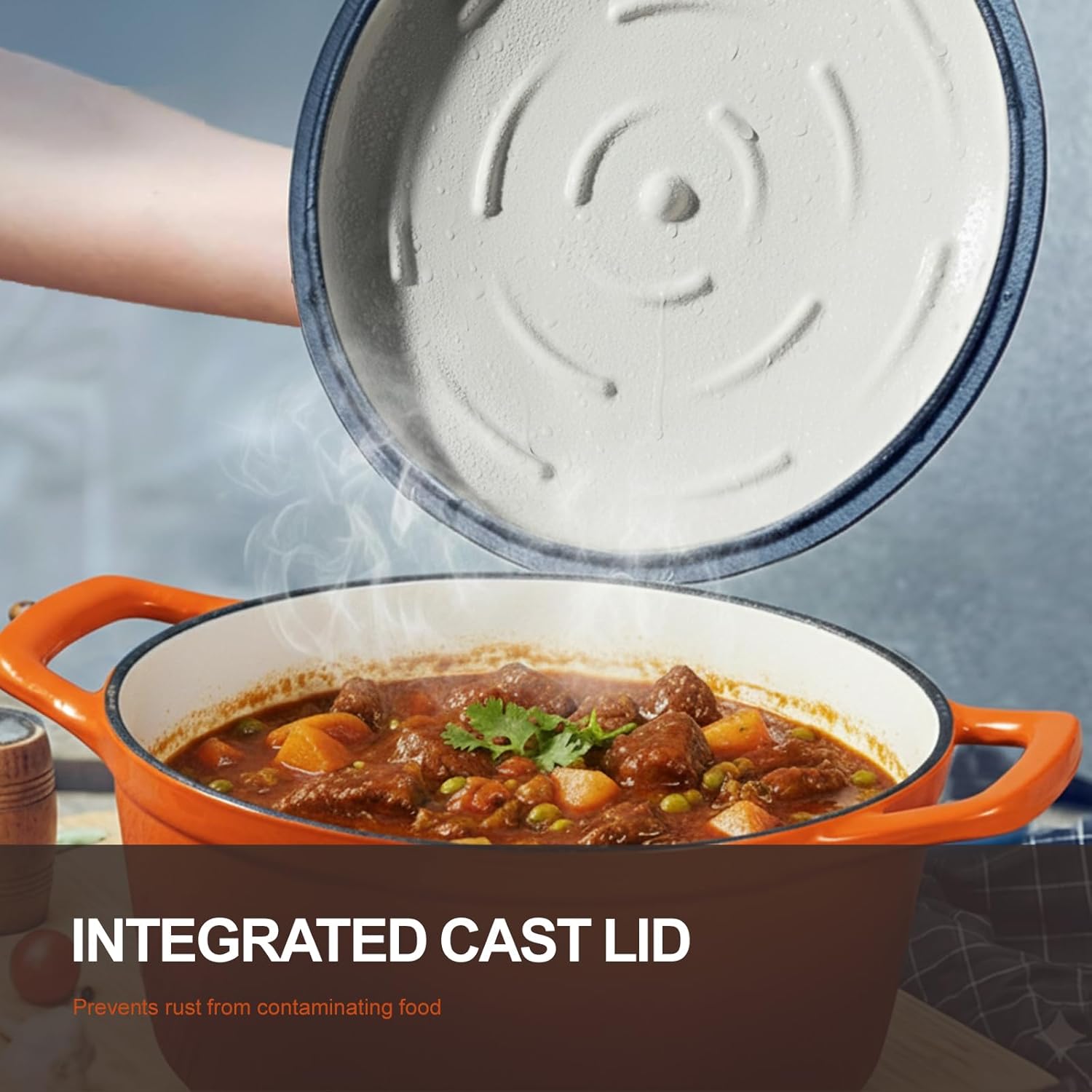 Overmont Refined Enameled Cast Iron Dutch Oven - 5.5QT Pot with Wide Handles Lid Cookbook & Cotton Potholders - Heavy-Duty Pre-Seasoned Cookware Oven Safe to 500°F for Braising, Stews, Roasting, Bread Baking 5.5 Quart Pumpkin