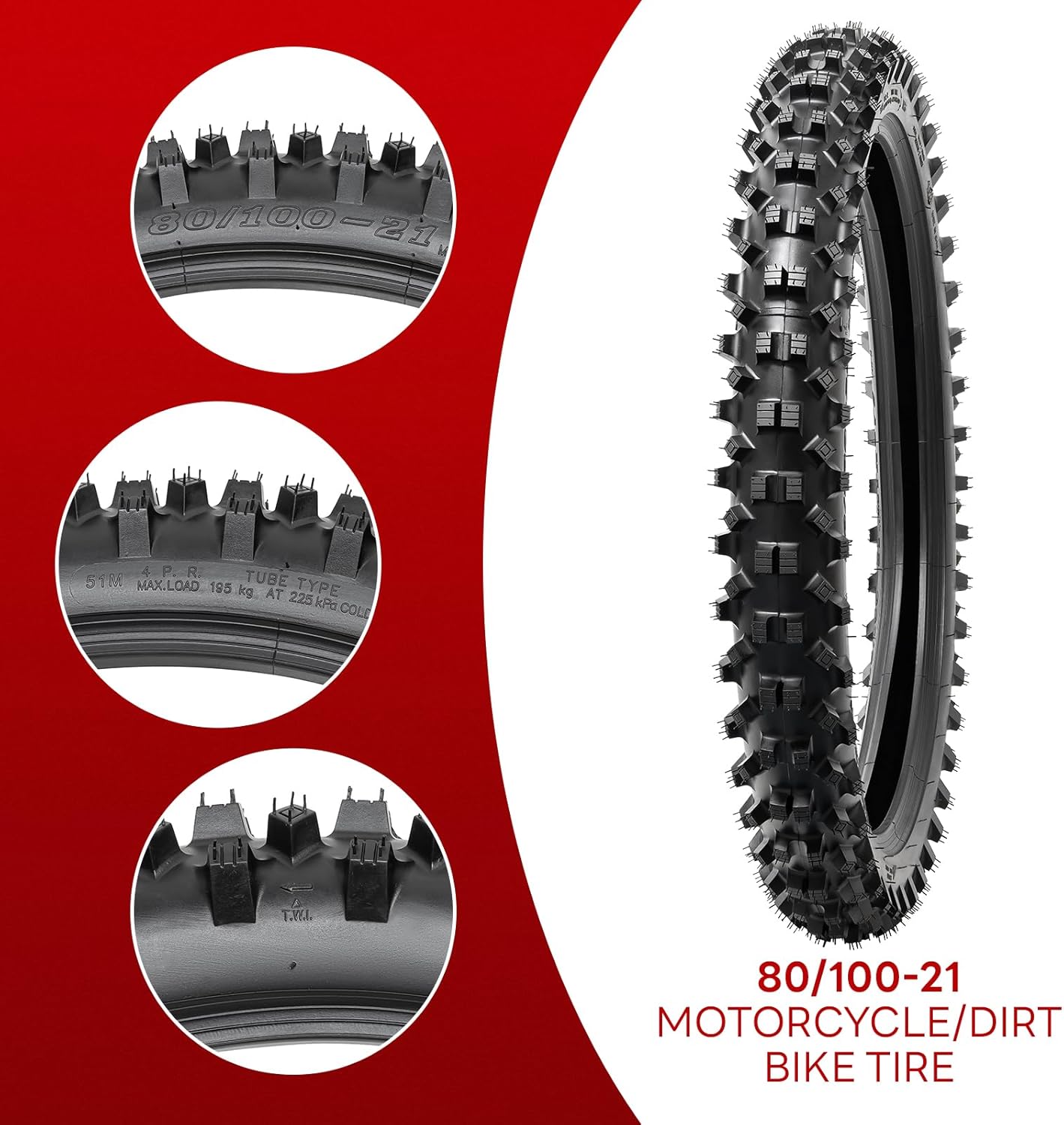 80/100-21 (4PR TT) 51M Dirt Bike Front/Rear Tire and Heavy Duty Inner Tube Compatible with 80/100-21 Off Road Pit Bike/Motorcycle Tire (P-262)