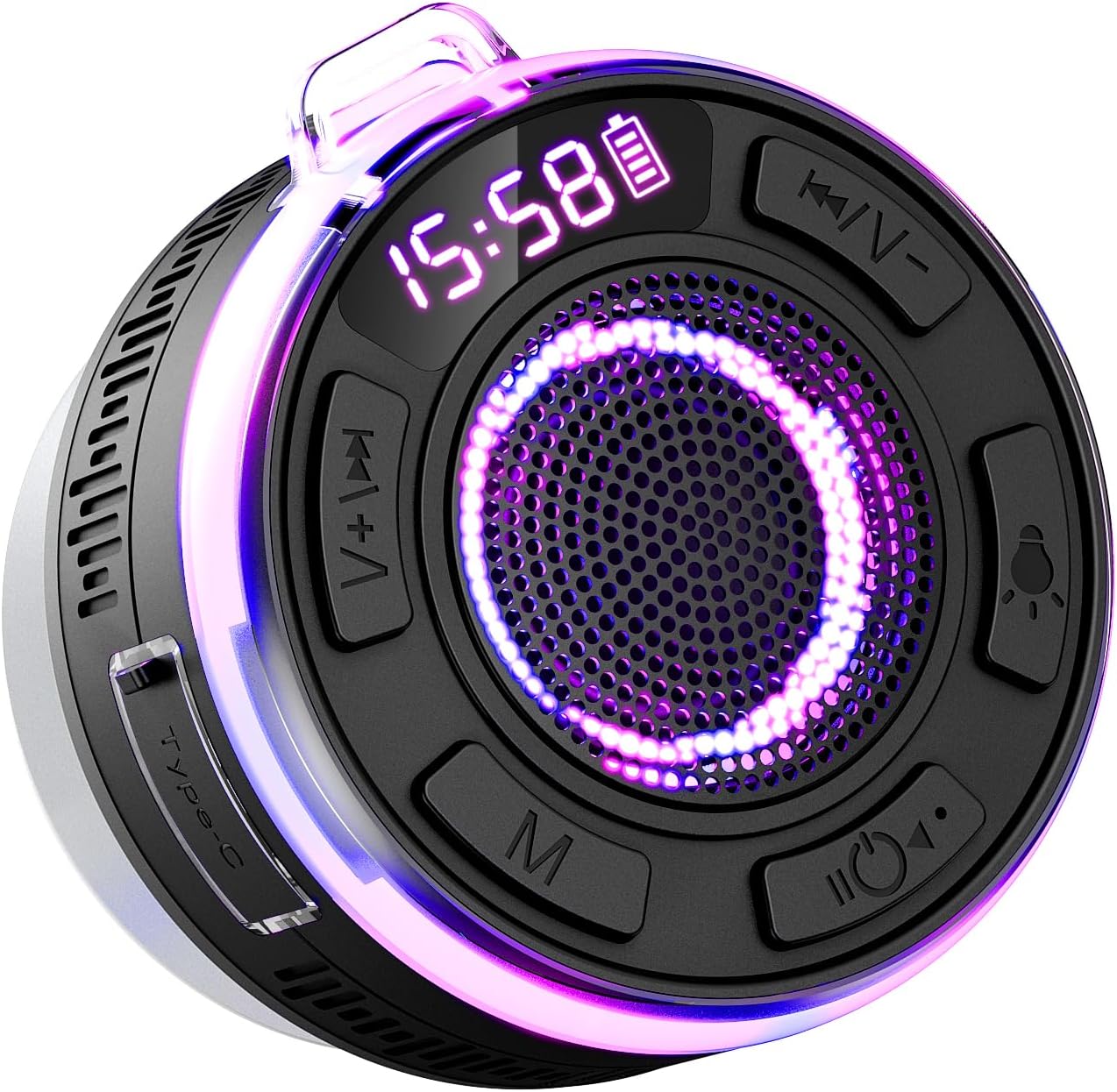 Bluetooth Shower Speaker, Portable Wireless Speaker IP7 Waterproof Speaker 360° Surround Sound, Bulit-in Mic, LED Light, Bathroom Speaker with Suction Cup for Bathroom, Party, Outdoor, Travel (New)