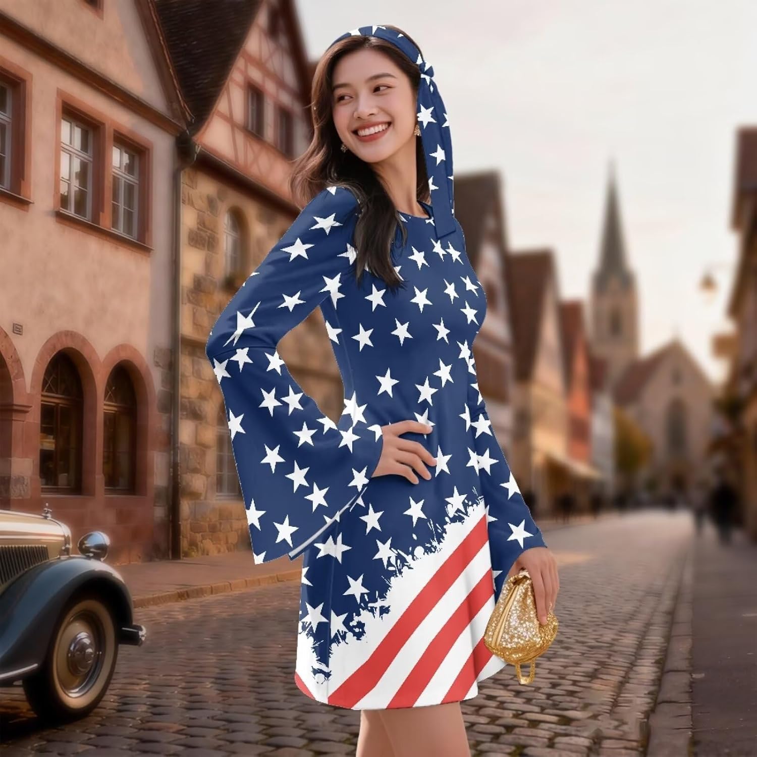 Women 2 Piece Bell Sleeve Dress with Headscarf Plus Size Loose Midi Dress Skin-Friendly A Line Dresses for Party