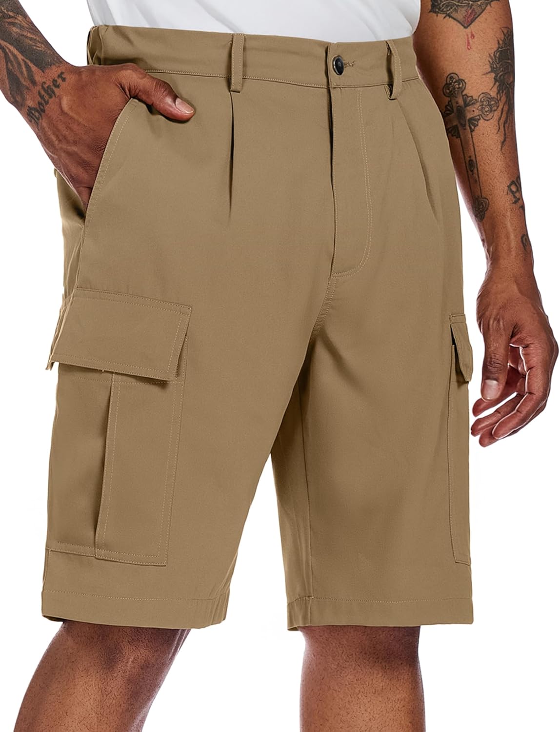 PEGENO Mens Cargo Shorts Elastic Waistband Drawstring Casual Classic Summer Hiking Work Shorts with 6 Pockets