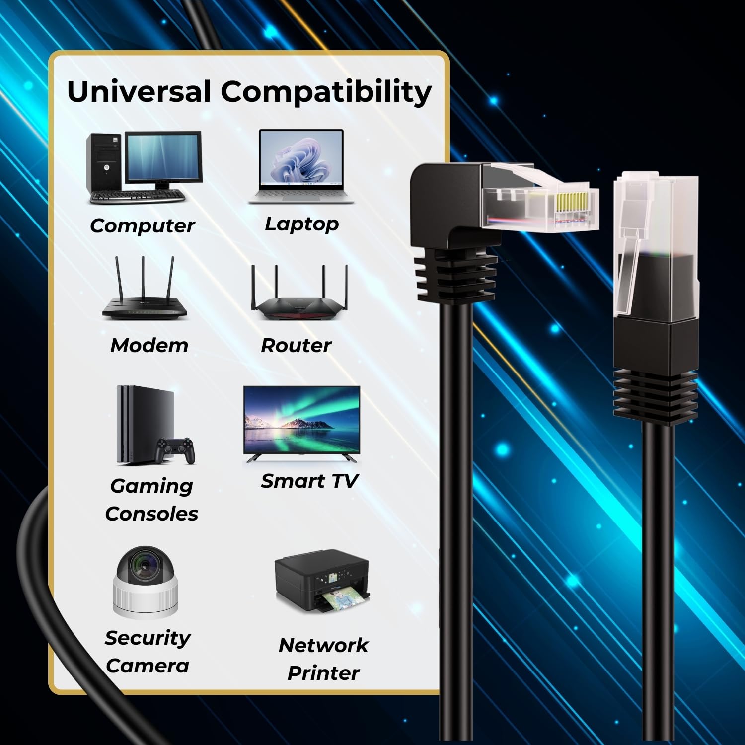 TNP Cat6 Ethernet Cable (Right Angle Up, 6FT) RJ45 90 Degree Network Connector 500 MHz 10 Gigabit Gold Plated Patch Plug Wire LAN Cord for PS4 Fire-Stick Xbox One Smart TV Gaming & Computer, Black