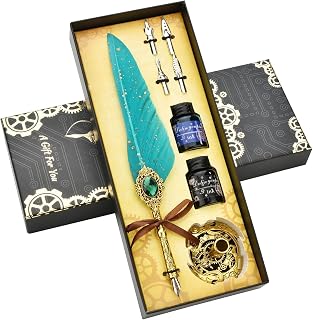 Feather Quill Pen and Ink Set - Includes Calligraphy Dip Pen, 2 Bottles Ink, Pen Holder and 4 Replacement Nibs, Calligraphy Pen Glass Dip Pen and Wax Seal Stamp Kit for Writing Lovers