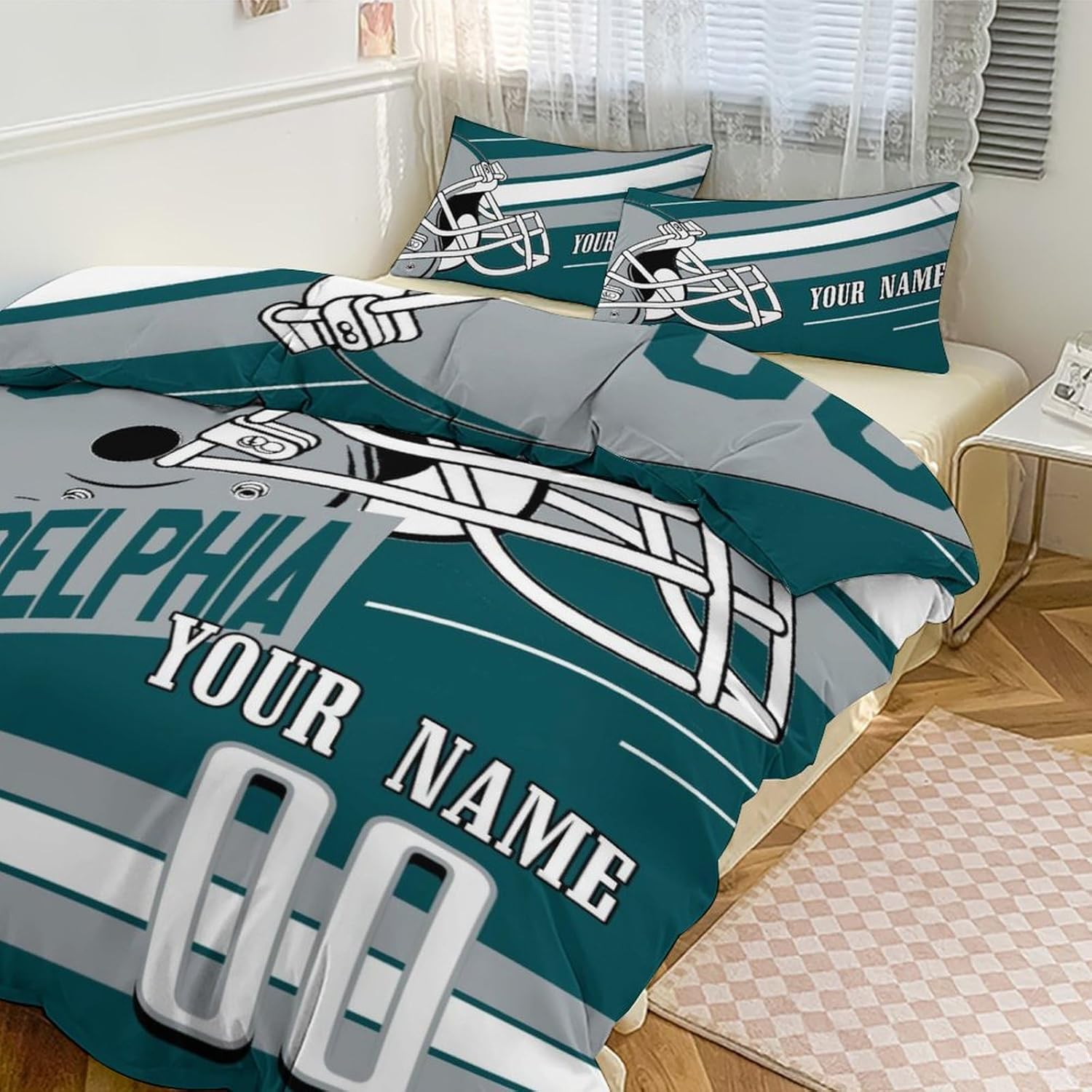 Custom Football Bedding Personalized Name Number Quilt Bedding Set for Football Fans Customize 3 Piece(1 Bedding+2 Pillowcase) Full Size Bedding Set Lightweight Soft Bedroom Decor