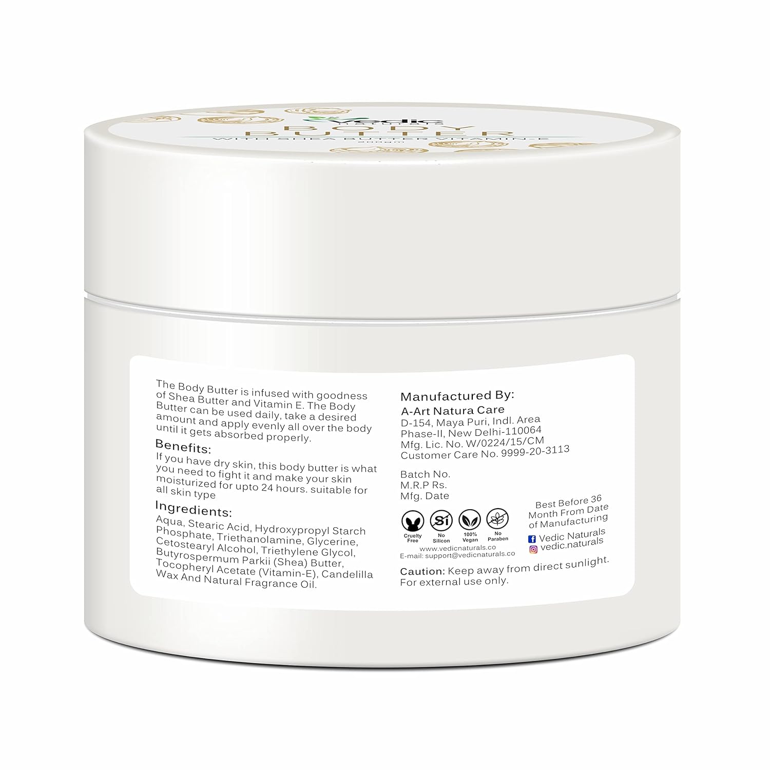 Body Butter Enriched With Shea Butter & Vitamin-E - 200gm | Deep Moisturizing For Dry Skin & All Day Moisture Lock | For All Skin Types & Healing Stretch Marks | 100% Organic