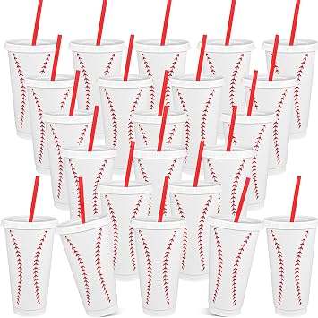 24 Pack 710ml Baseball Cups with Lids & Straws, Reusable Plastic Tumblers