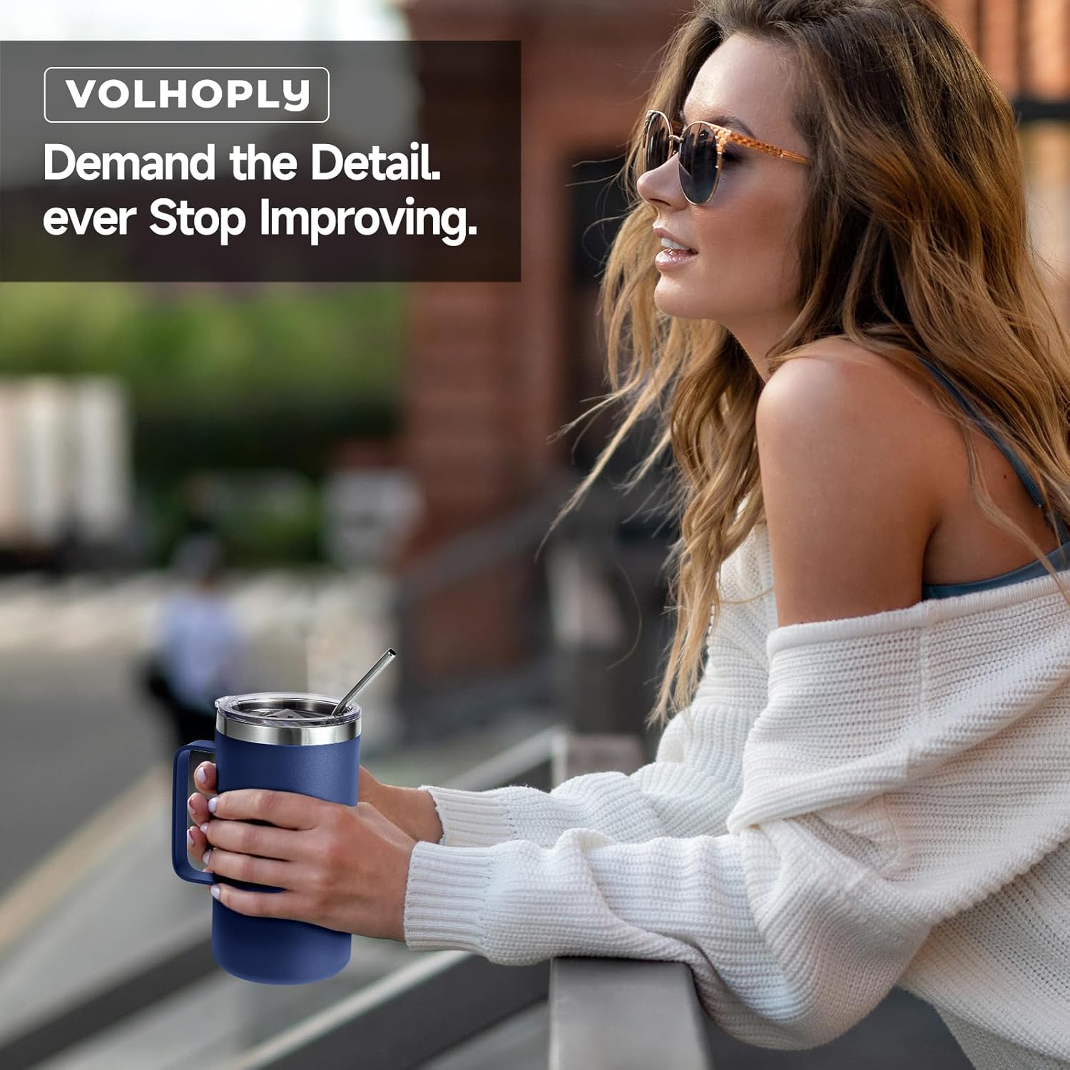 Volhoply 24oz Insulated Coffee Mug with Lid and Straw, Stainless Steel Travel Mugs with Handle, Double Wall Vacuum Leak Proof Coffee Tumbler Cup (Navy,1) - Image 7