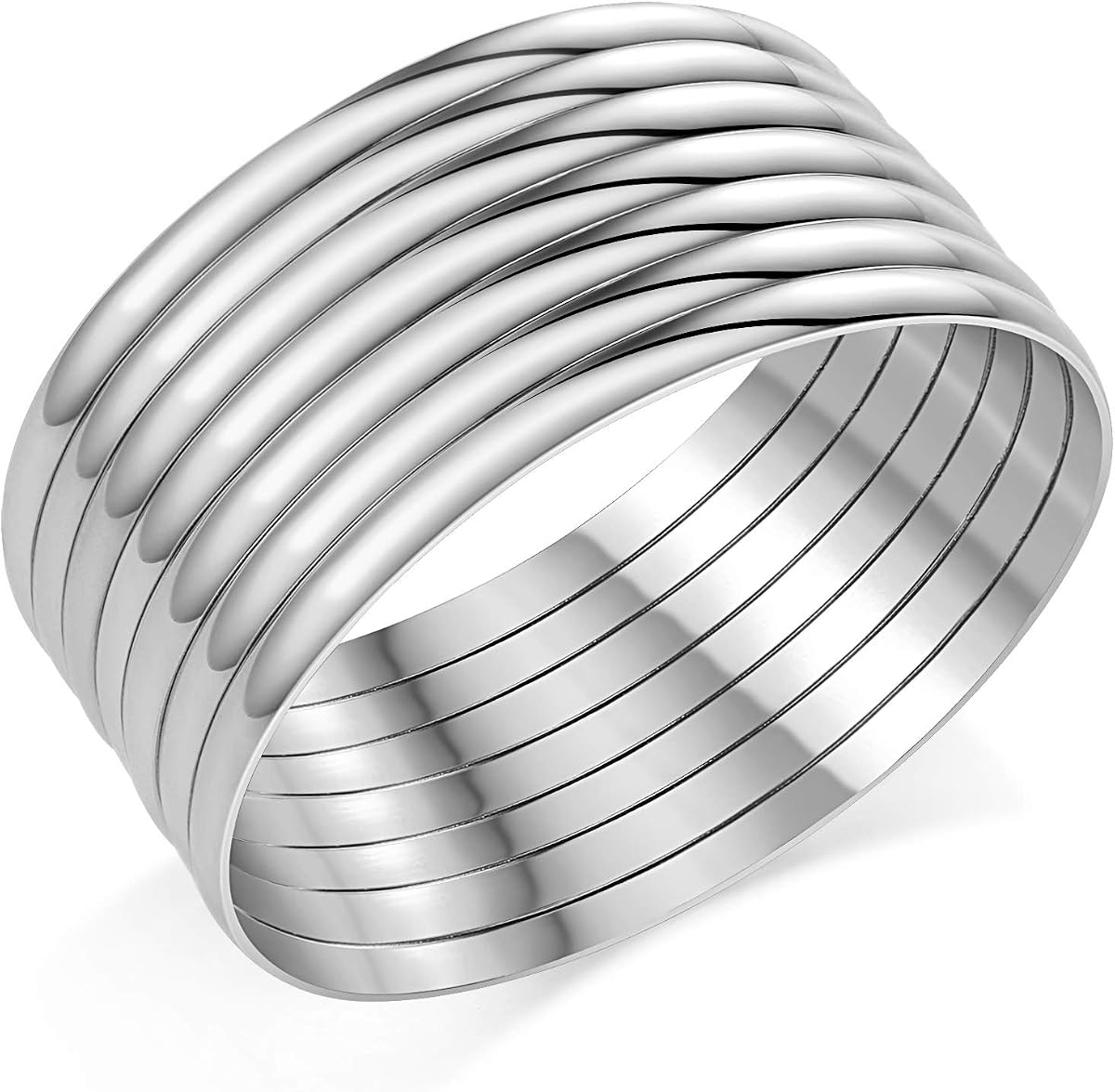 Castillna Glossy Plain Stainless Steel Bangle Bracelets Set for Women, Silver, Set of 7 Pieces