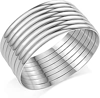 Castillna Glossy Plain Stainless Steel Bangle Bracelets Set for Women, Silver, Set of 7 Pieces