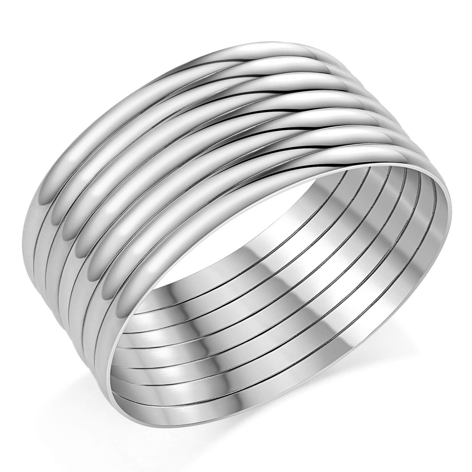 Castillna Glossy Plain Stainless Steel Bangle Bracelets Set for Women, Silver, Set of 7 Pieces