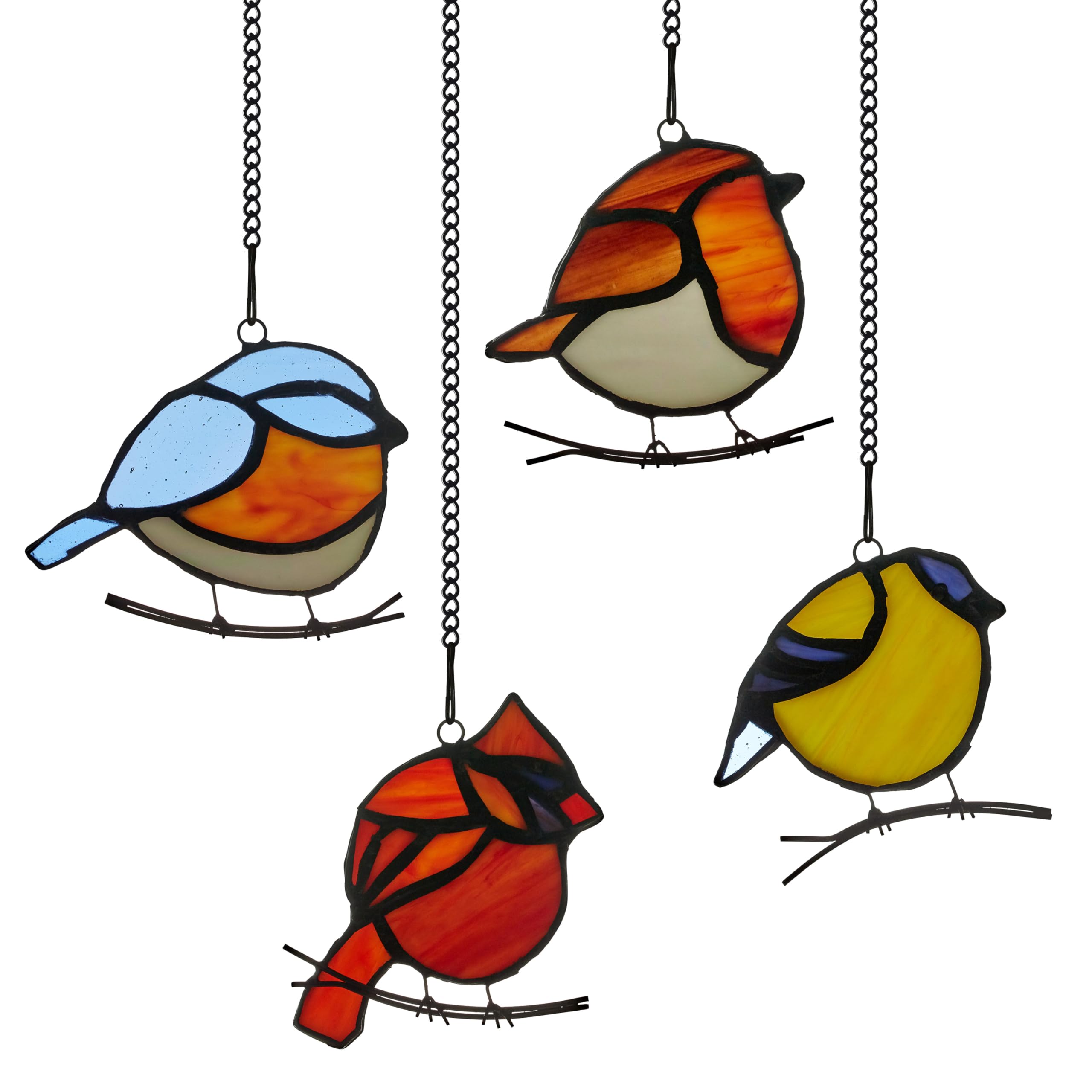 RIVER OF GOODS Bird Quartet Stained Glass Window Panel Set - Backyard Birds Glass Suncatchers for Home, Wall, Office, Kitchen Decor - 4