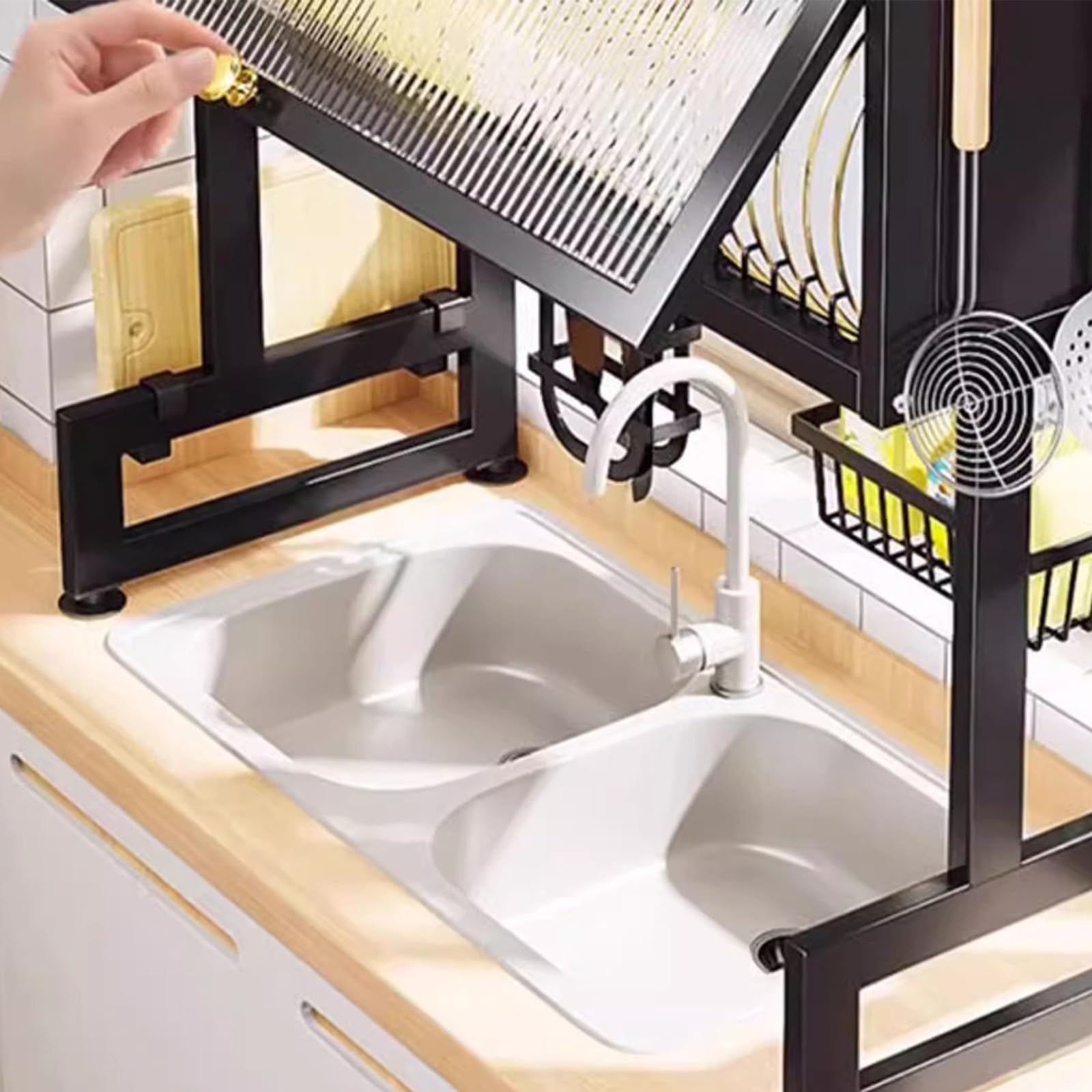Escurreplatos para fregadero – Escurridor de platos de gran capacidad con 6 ganchos, fregadero de cocina para utensilios de cocina, tabla de cortar, elegante diseño negro