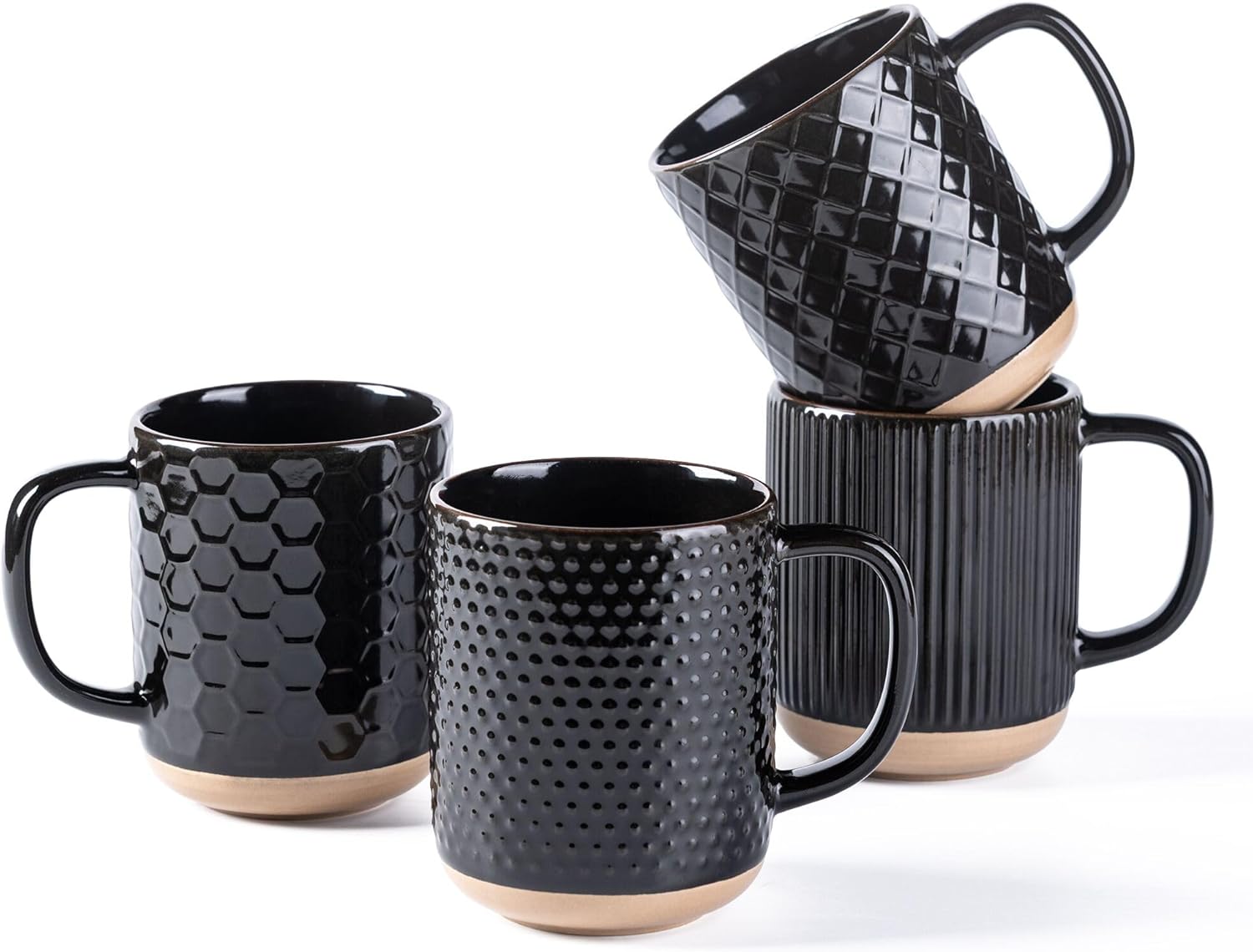GBhome Large Coffee Mugs Set of 4, 16oz Handmade Stoneware Coffee Mugs Set with Large Handle for Cappuccino/Latte/Tea/Hot Cocoa, Dishwasher & Microwave Safe, Black
