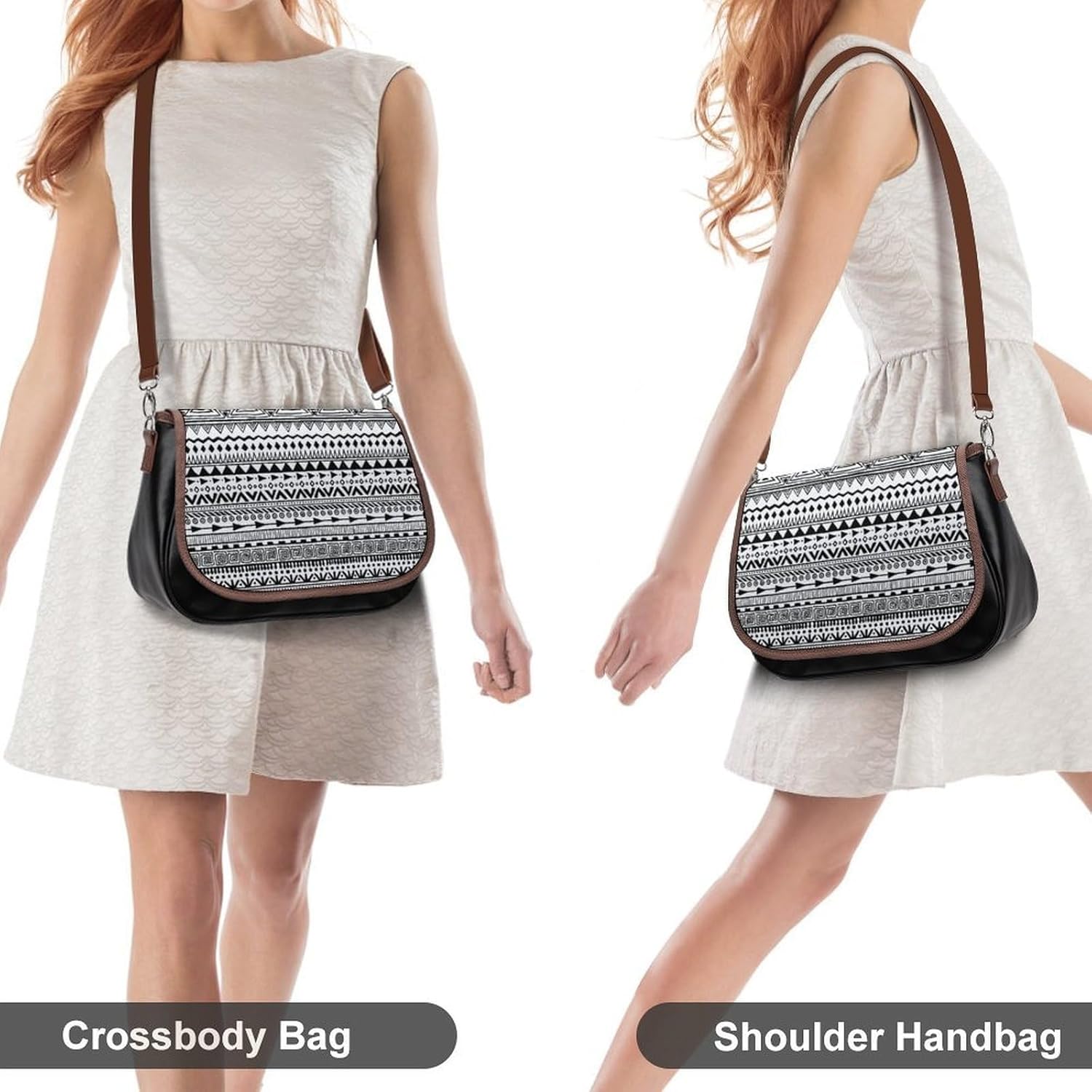 Tribal Print Black And White Aztec Pattern BohoWomen's Faux Leather Crossbody Bag, Waterproof Wrinkle-Resistant Shoulder Bag with Detachable Strap, Large Capacity Casual Handbag, Fashion Daily Purse F