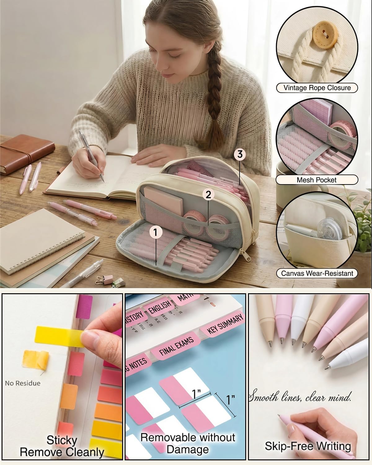42pcs Cute Pencil Case, Large Capacity Study Pouch Bag with 4-Compartments, Portable Soft Canvas Easy Carry for Library and Office Supplies Kit, Elegant Aesthetic Study for Women (beige)