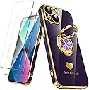 Compatible for iPhone 13 Case with 2 Pack Screen Protector, 360° Rotatable Ring Holder [Luxury Hearts Pattern] Plating Gold Edge Slim Soft Phone Cover Case for iPhone 13 - Purple