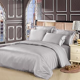 LilySilk Silk Bedding Sheets Set 4 Pcs 1 Silk Duvet Cover 1 Silk Fitted Sheet 2 Oxford Silk Pillowcases 100% 19 Momme Mulberry Silk Silvergray King