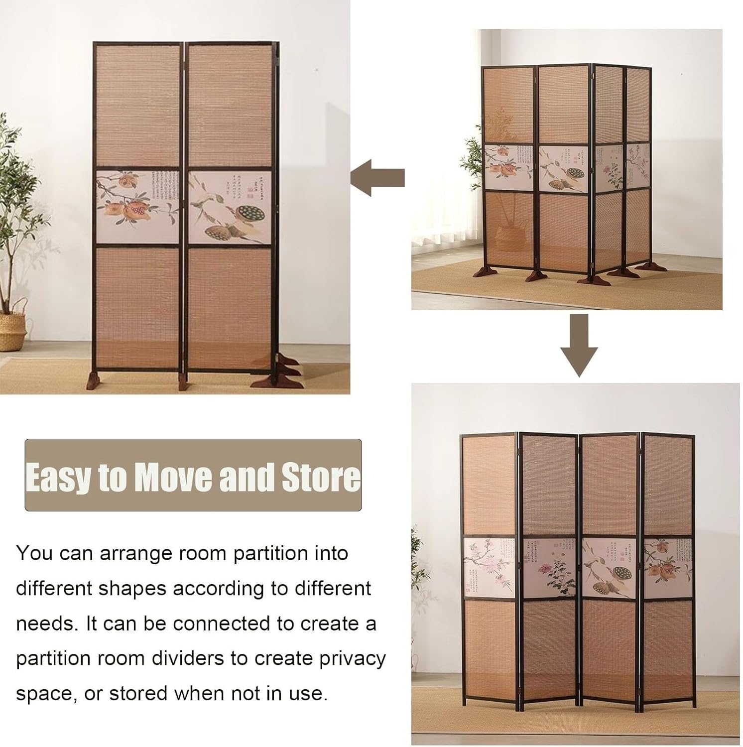 Room Dividers and Folding Privacy Screens, Freestanding Partition Screen, for Patio Farmhouse Teahouse, Living Room Separator 3/4/5/6 Panel(4 Panels 180cm/71in H)
