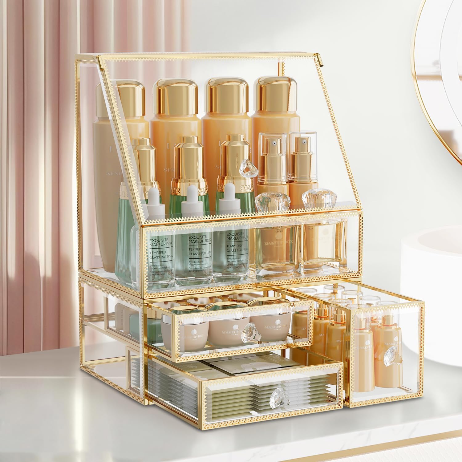 Tempered Glass Clear Makeup Organizer with Drawer - Cosmetic Storage for Dresser Countertop, Bathroom Vanity, Skincare and Perfume Organizer.