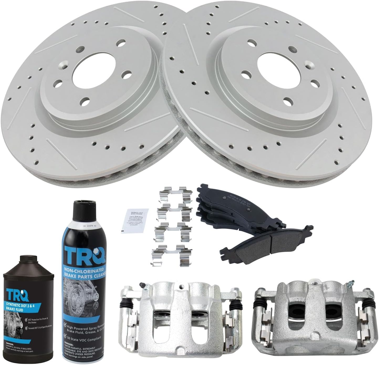 TRQ Front Performance Brake Pad & Rotor Kit Brake Caliper Brake Chemical Kit Brake Pads Brake Rotors Set Semi-Metallic Premium G-Coated Compatible with 2010-2012 Ford Taurus