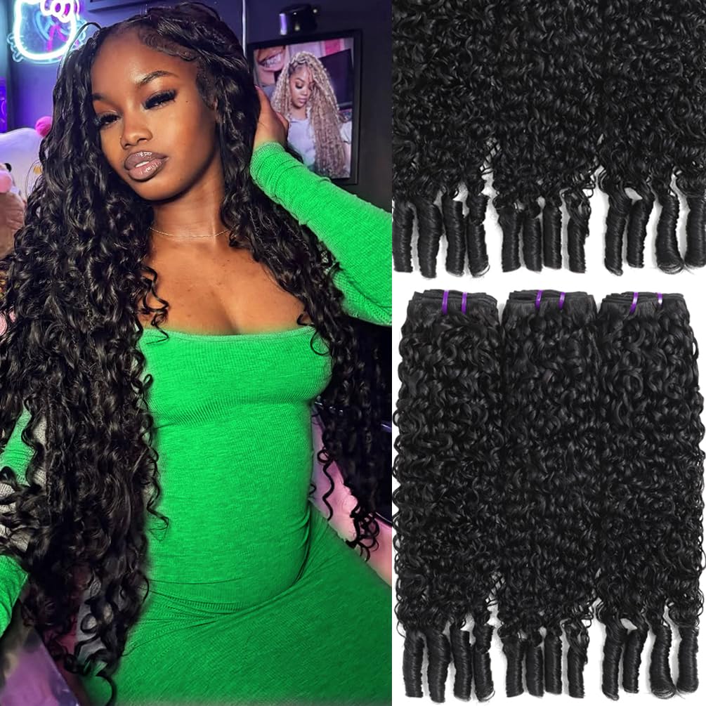 Burmese Curly 4 Bundles Human Hair （ 22 24 26 28 Inch ）12A Unprocessed Virgin Water Wave Bundles Deals Human Hair Extensions with Spriral End 3c4a Quick Weave Hair for Women Natural Black