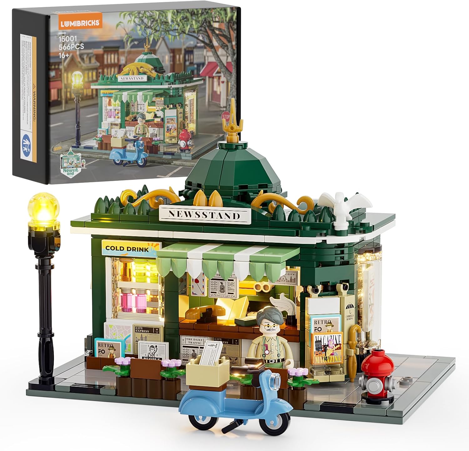 Lumibricks Newsstand Lighting Building Bricks Set - City Town Life Newsstand LED Light Construction Building Model Set 556 Pcs for Adults and Teen