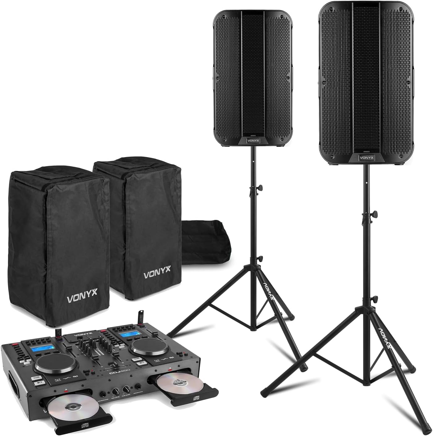 Vonyx DJ PA System Package with Dual CD Mixer, 12" Active Speakers, Live In Covers, Tripod Stands & Cables, Portable PA DJ Setup, Bluetooth, USB, and CD Player