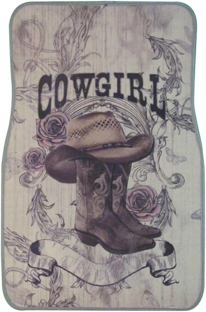 Universal Fit Front/Rear 4-Piece Full Set Sublimation Western Print Custom Design Carpet Car SUV Truck Floor Mats (Cow Girl/Gray)