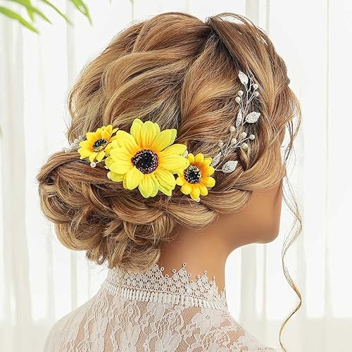 Miniatura 4 de Gorais Girasol novia boda pelo vid plata perla nupcial pieza de pelo hoja accesorios para el cabello para novia y damas de honor