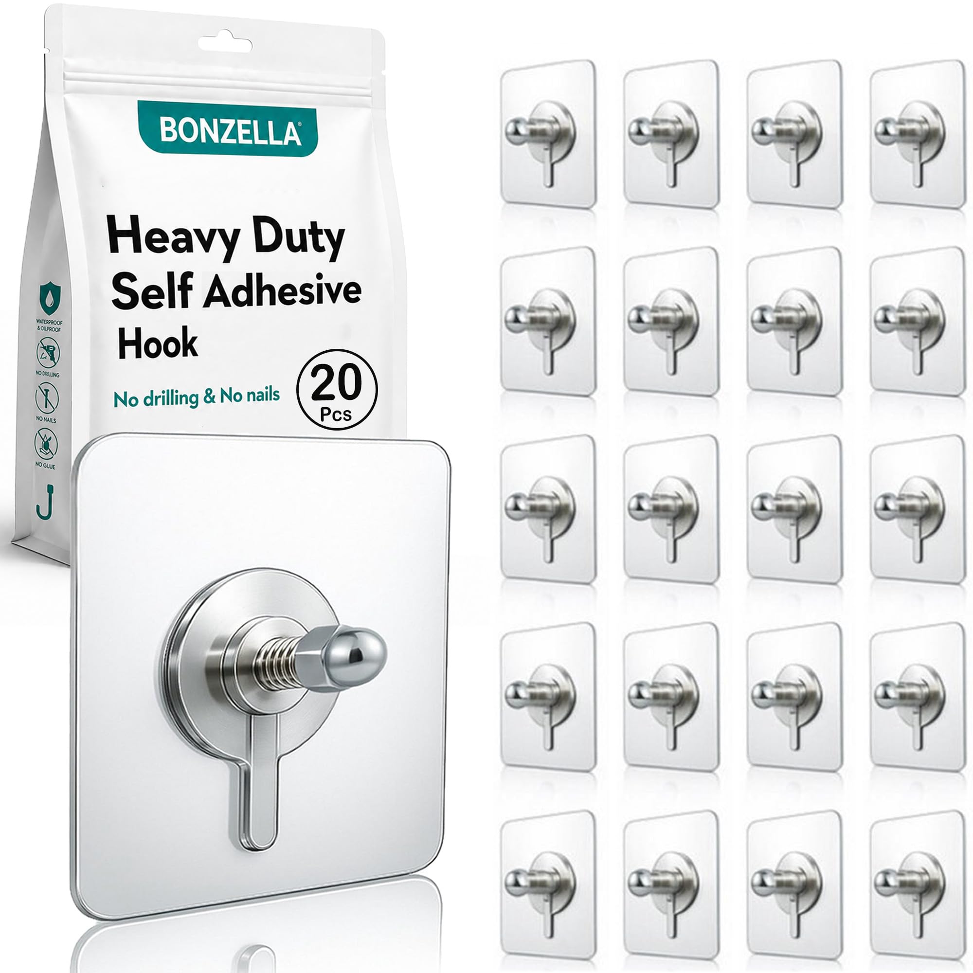 BONZELLA 20 Pcs Heavy Duty Self Adhesive Screw Wall Hooks for Hanging, Stainless Steel Wall Hooks Sticker for Kitchen Bathroom & Home Use, Transparent Nail Free Sticky Wall Hook Without Drilling (20)