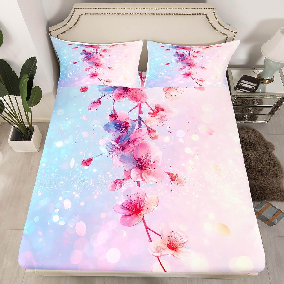 Erosebridal Eucalyptus Leaf Fitted Sheet Queen,Green Plant Floral Bedding Set for Kids Teen Adults,Spring Botanical Eucalyptus Bed Sheets Watercolor Flowers Leaves Summer Cozy Sheets