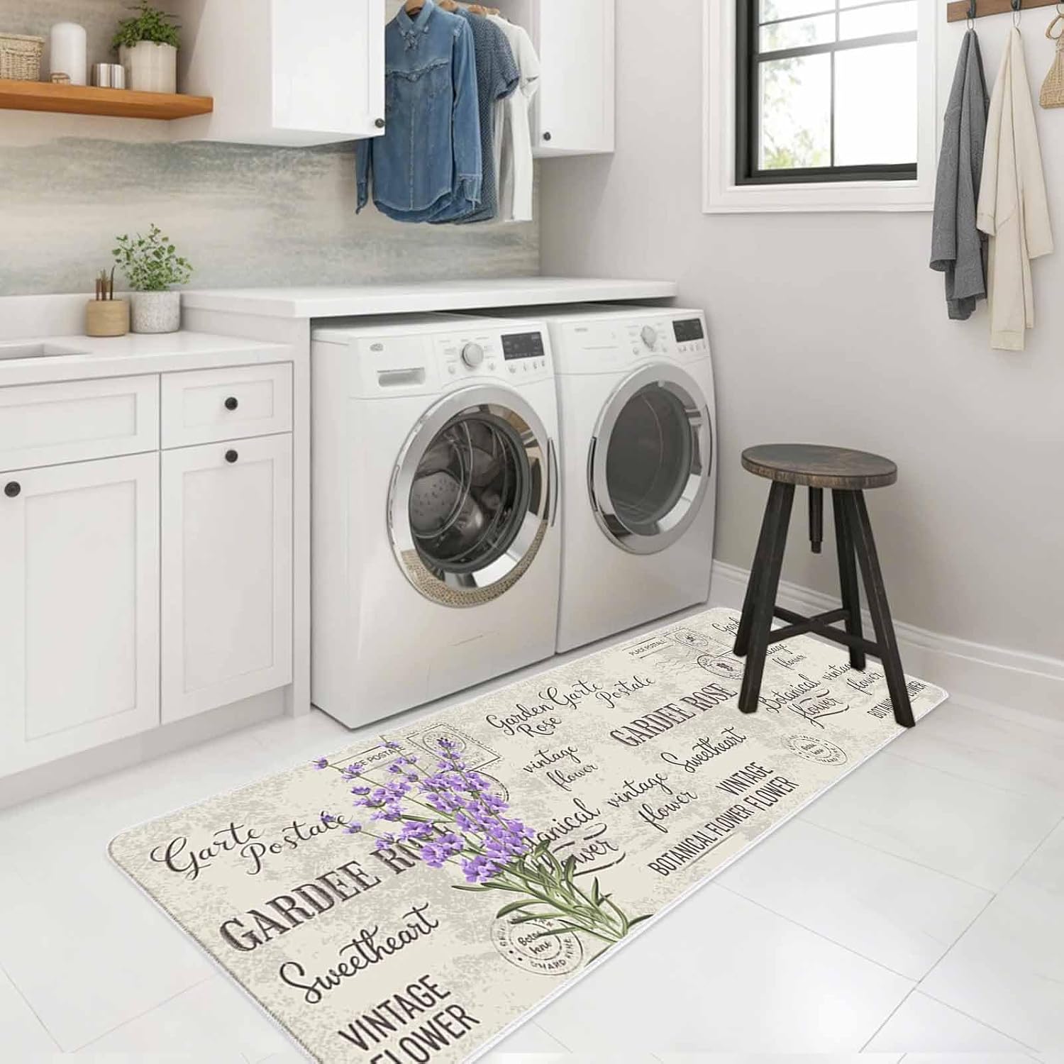 Lavender Leaves on Vintage Letter Kitchen Rug and Mat,Washable Floor Mats Standing Cushioned Set of 2,Botantical Flower Slip-Proof Doormat Runner Rugs for Indoor Bathroom Laundry Sink
