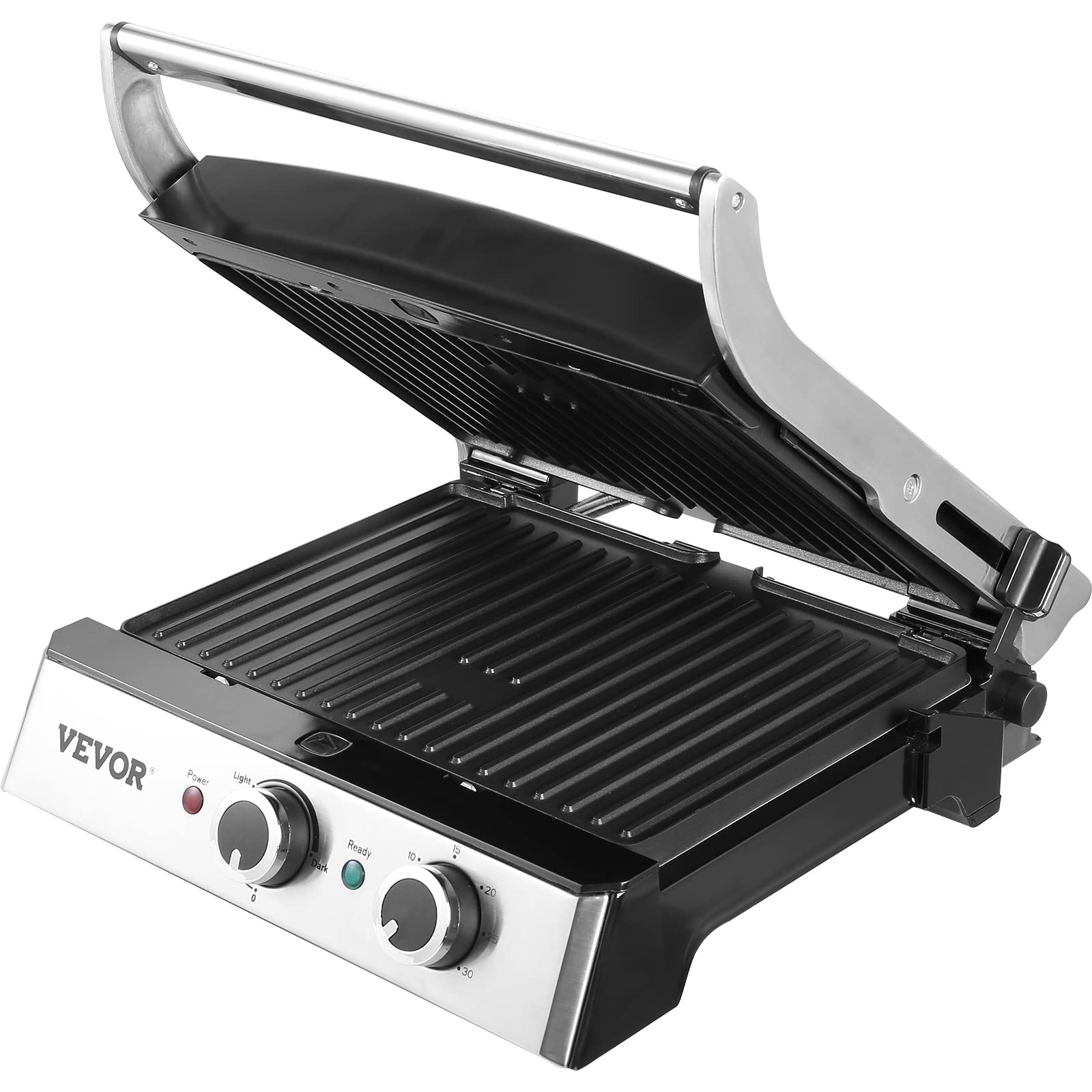 VEVOR Electric Contact Grills, 1500W Indoor Countertop Panini Press, Sandwich Maker with Non Stick,2 Reversible Iron Cooking Plates,0-446℉ Adjustable Temperature Control,Timer Function,120V