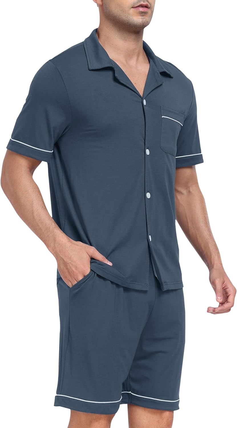 MoFiz Mens Cotton Pajamas Set Sleepwear Shorts Soft Summer Button Down Pjs Set 2 Piece Loungewear with Pockets S-3XL