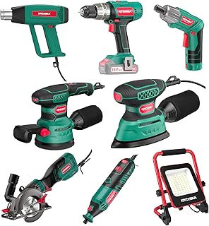 HYCHIKA Power Tool Combo Kit,1800W Heat Gun, 18V Drill Driver, 180W Rotary Tool,6.2A Mini Circular Saw, 3.6V Electric Screwdriver,Orbital Sander,Detail Sander,50W LED Work Light,8-Tool Power Tool Set