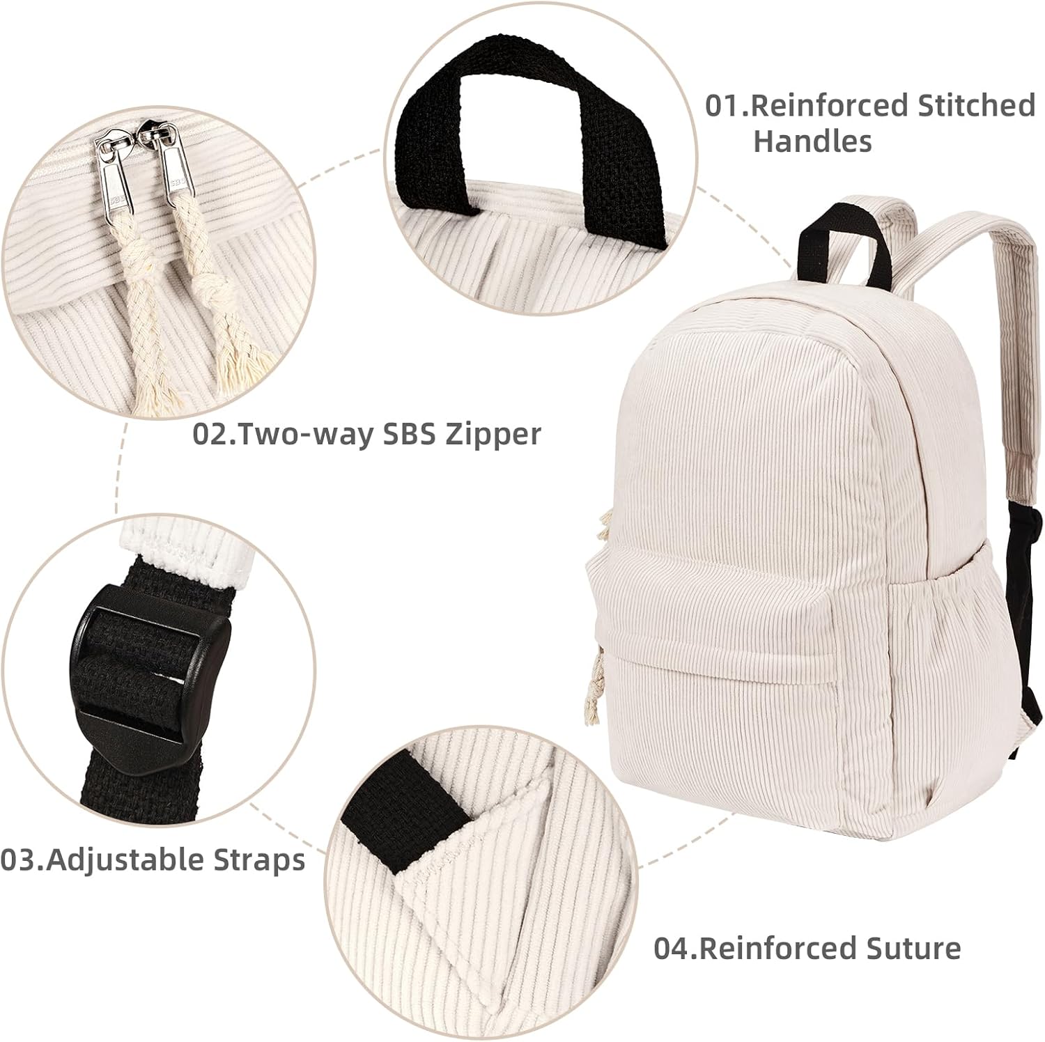 School Backpack for Teens Girls, Corduroy Bookbag with 6X Cute Pin Accessories, Lightweight High School College Laptop Bags for Women Travel Daypacks (Beige) image 6 of 9 B0F4CP1GD9