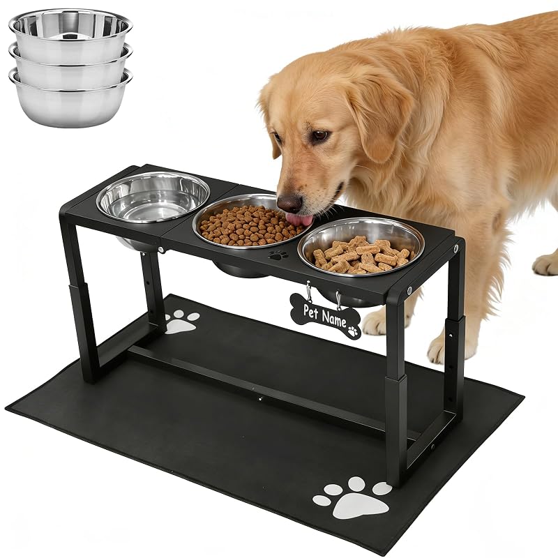 Comedouro elevado ajustável para cães médios e grandes Flodomix com 3 tigelas de aço inoxidável e tapete anti-respingos, 1,74 L cada