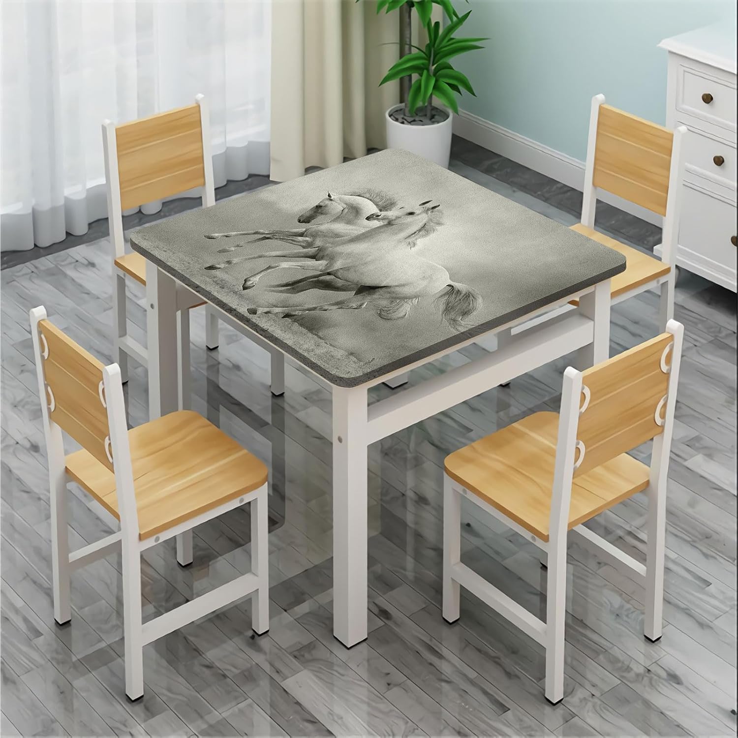 Horses Tablecloths, Horse Freedom Theme Elastic Table Cover Square, Fits 40x40 inch Table, for Restaurants Picnic Patio Outdoor Party Decor, Black and White