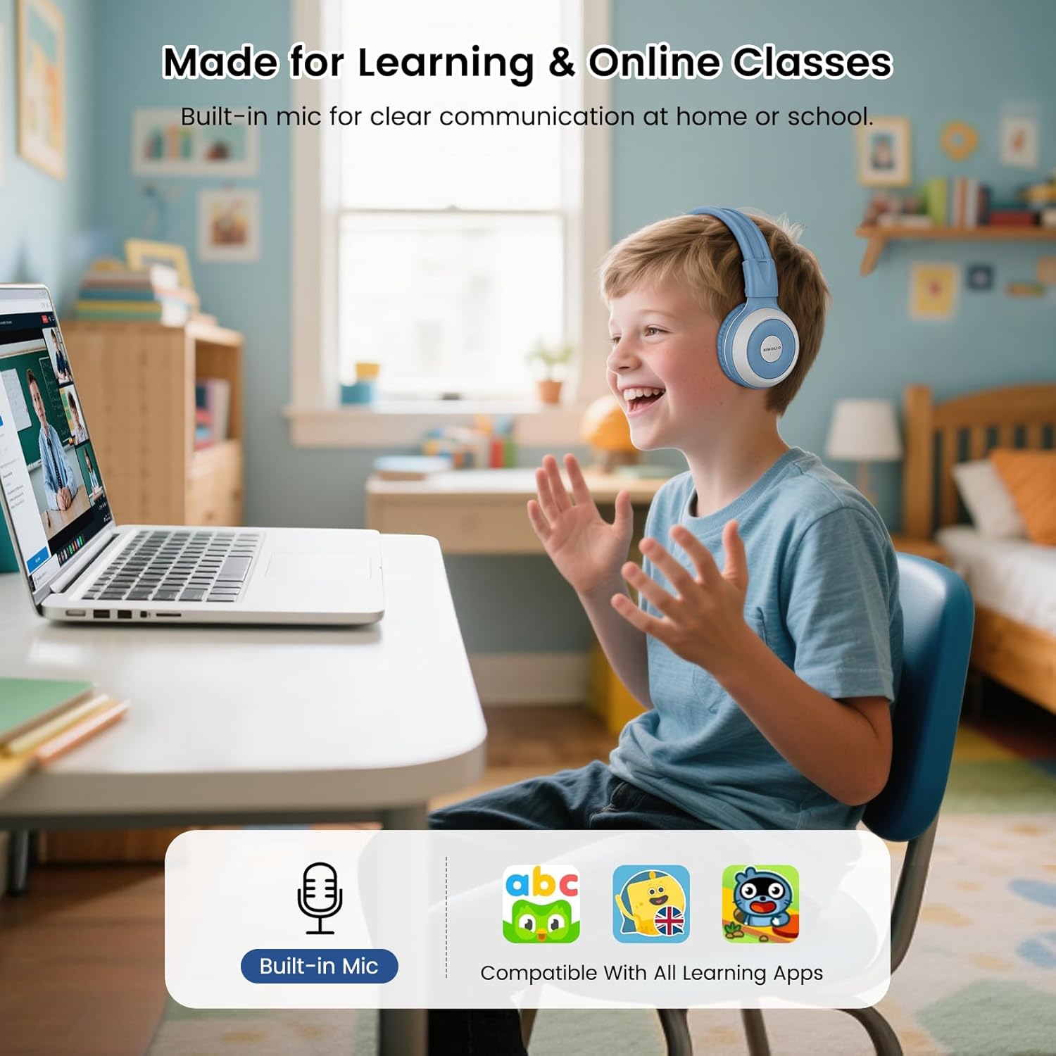 SIMOLIO Auracast Kids Headphones with Wireless Audio Sharing for Group Listening - Connect Multiple Headsets to One Bluetooth Source, Built-in Microphone, Foldable for Classroom, Trips & Home