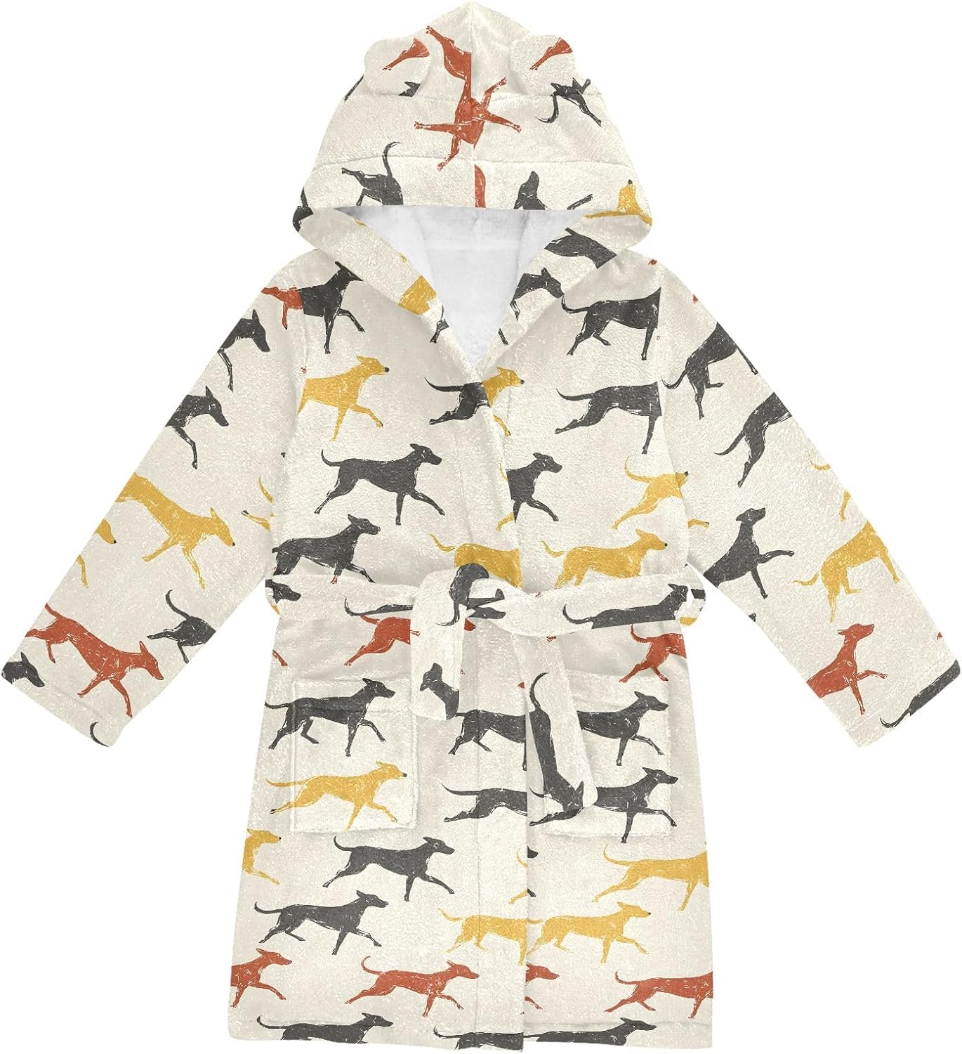 Running Hound Pattern Toddler Hooded Bathrobe for Boys Girls Soft Plush Bath Towel Robe 2-12 Years
