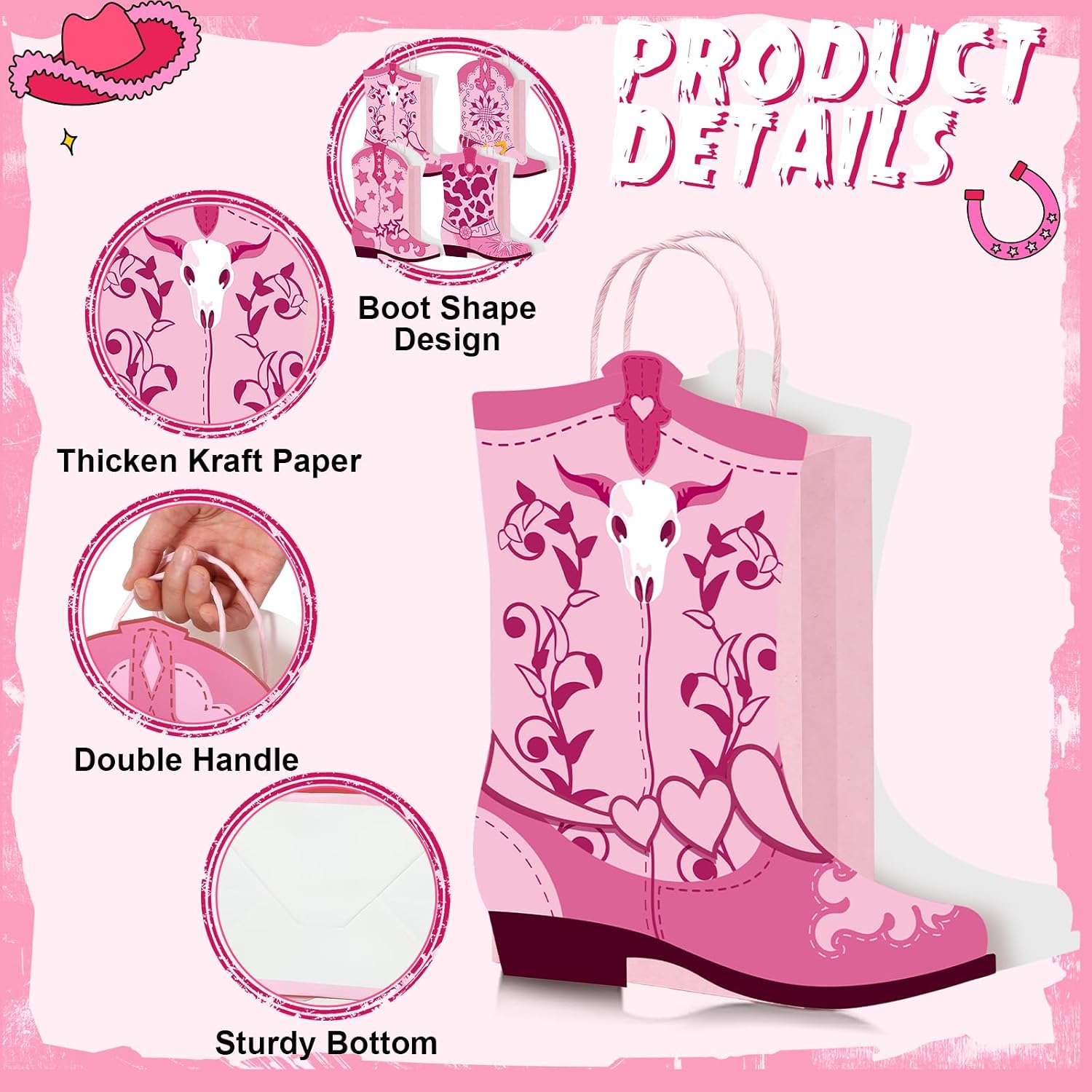 Mooliwe 16 Pcs Cowboy Cowgirl Boots Paper Bags, Pink C, Mixed image 4