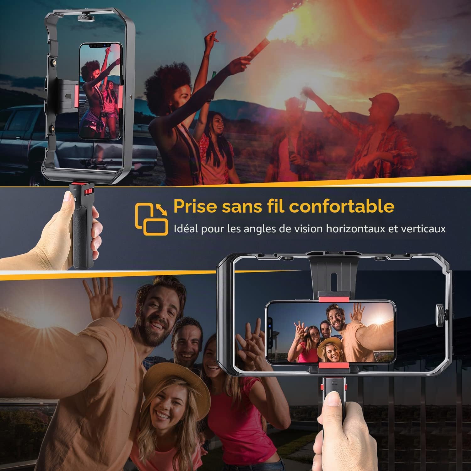 Zeadio Rig Vidéo pour Smartphone, Poignée Stabilisatrice avec Poignée Latérale Amovible,Cage d'Enregistrement Vidéo, Compatible avec Tous Les Smartphones, Vlogging, Réalisation et Streaming en Direct