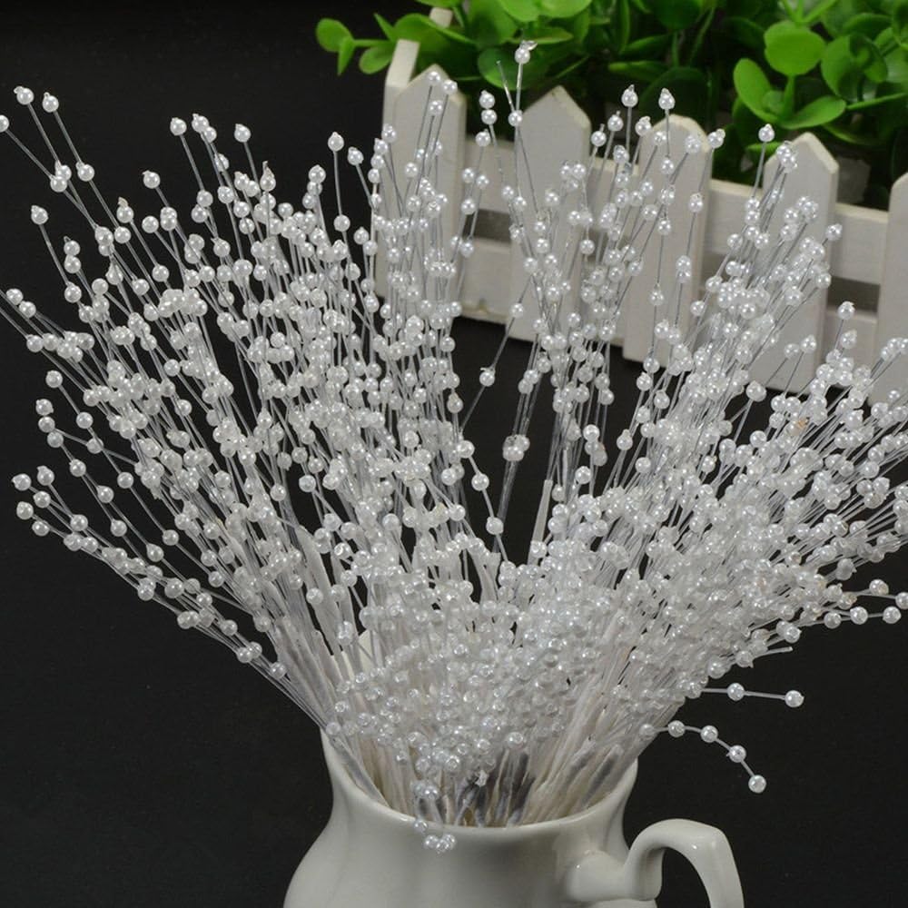 100 Pieces White Pearls Sticks Spray 4MM Pearl Beaded String Handmade Floral Bead Strands by EORTA for Craft Bouquet Decoration DIY, Home Party Wedding Christmas Garland Table Centerpiece